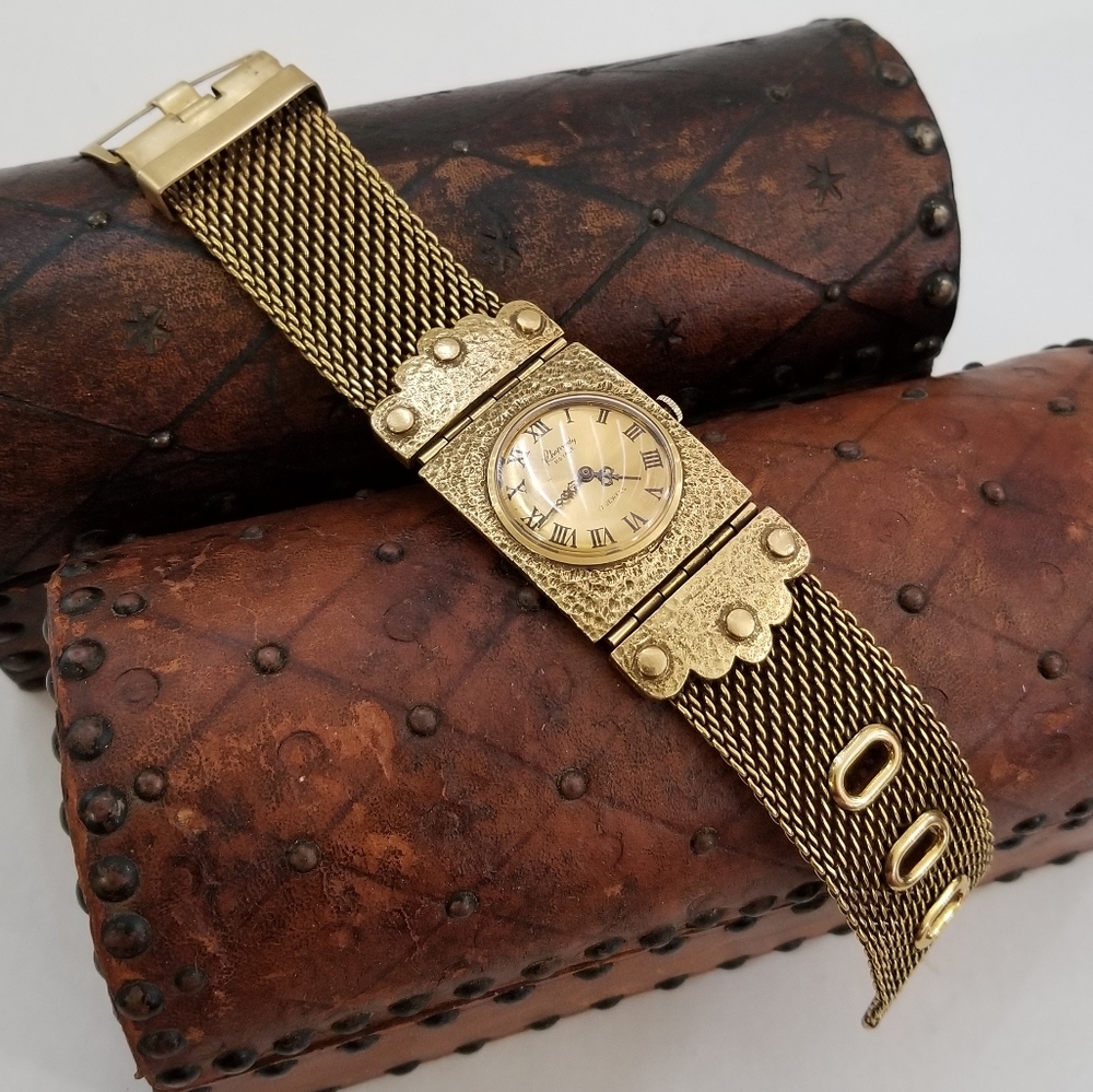 1960s Bracelet Watch Jeweled Hammered Gold Royale